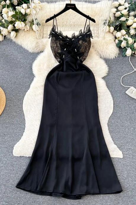 Elegant Black Satin Lace Trim Slip Dress For Women