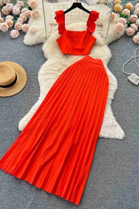 Elegant Red Sleeveless Pleated Maxi Dress Womens Apparel