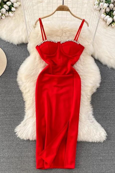 Elegant Red Satin Cocktail Dress With Pearl Detail