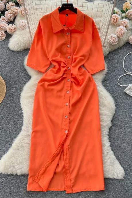 Womens Casual Orange Shirt Dress With Collar