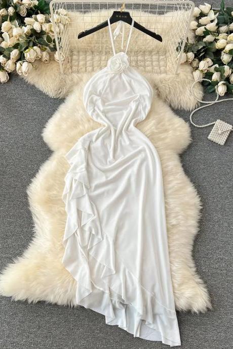 Elegant White Halter Neck Ruffle Sleeveless Evening Dress