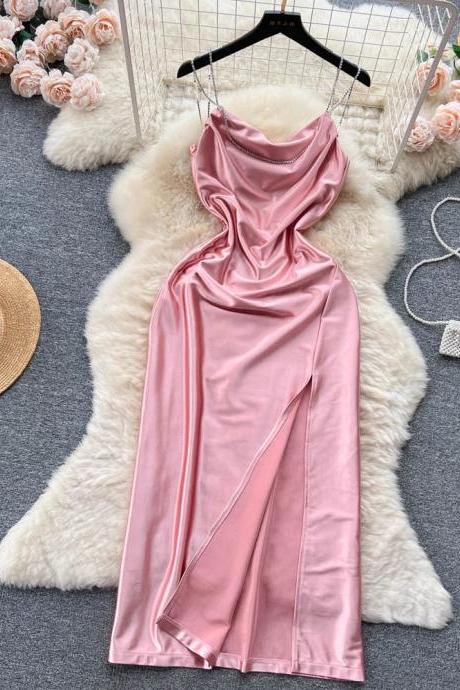 Elegant Satin Cowl Neck Sleeveless Midi Dress Pink