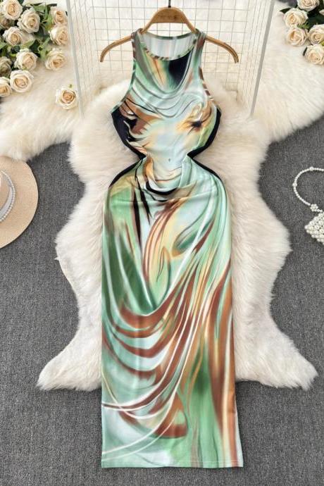 Elegant Sleeveless Abstract Print Silk Summer Dress