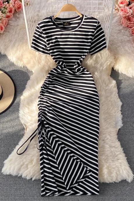 Elegant Black And White Striped Knot-front Midi Dress