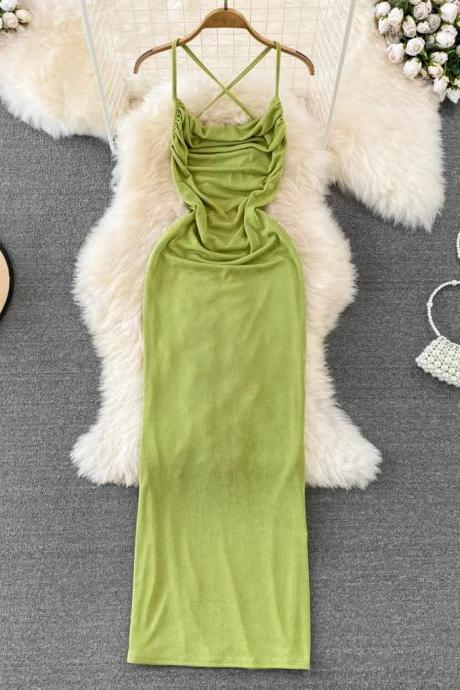 Elegant Green Satin Cowl Neck Slip Dress