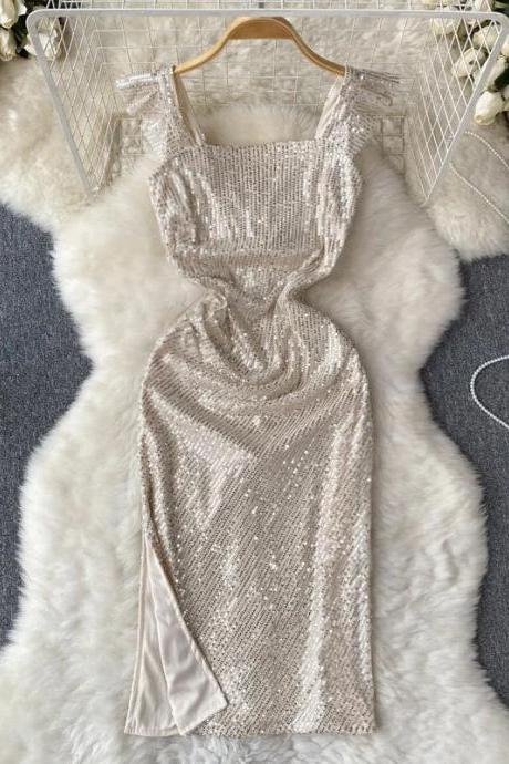 Elegant Sequin Cowl Neck Cocktail Dress Sleeveless