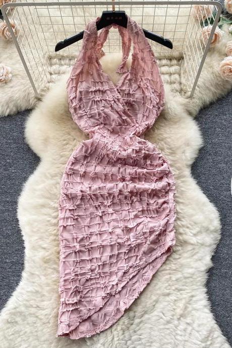 Elegant Dusty Pink Ruched Halter Neck Midi Dress