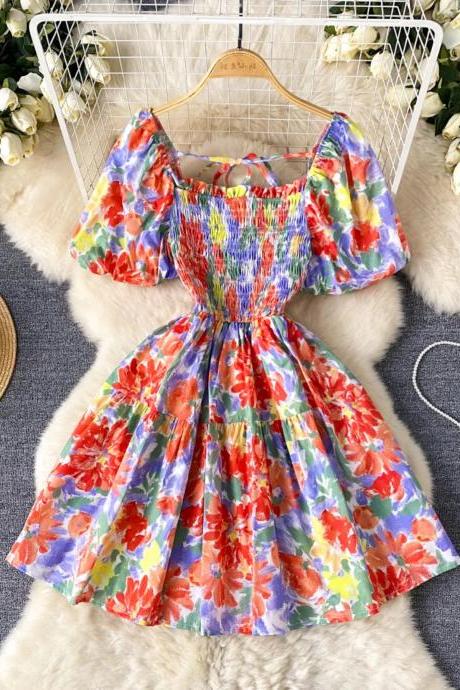 Womens Floral Smocked Puff Sleeve Square Neck Dress