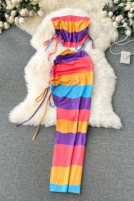 Womens Colorful Strapless Drawstring Maxi Beach Dress