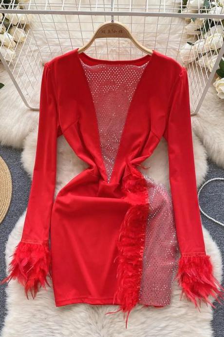 Elegant Red Feather Trim Sequin Panel Evening Dress