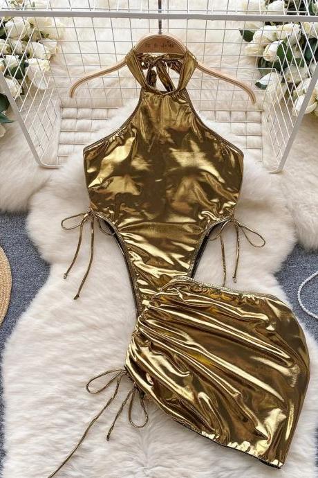 Womens Gold Halter Neck One-piece Swimsuit Shine