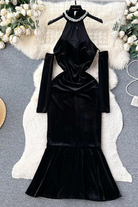 Elegant Velvet Pearl Neckline Long Sleeve Flare Dress