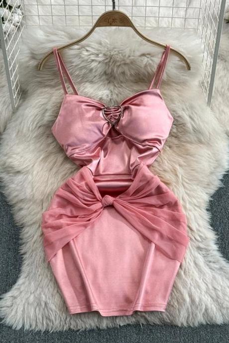 Womens Chic Pink Bow-knot Sleeveless Satin Crop Top