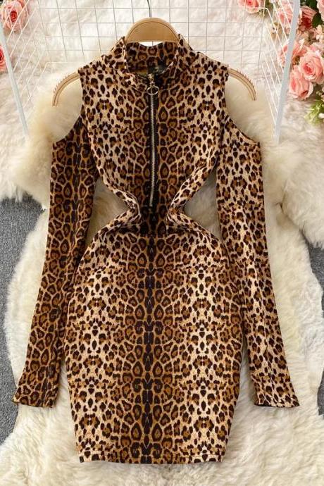 Elegant Leopard Print Zipper Front Bodycon Dress