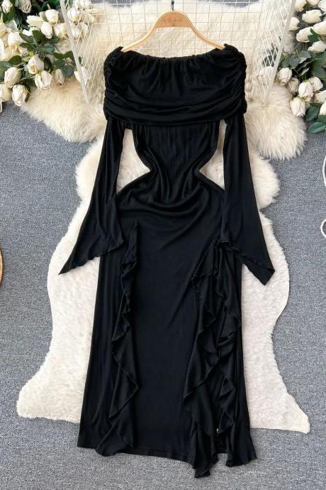 Elegant Off-shoulder Ruffle Black Maxi Dress For Women
