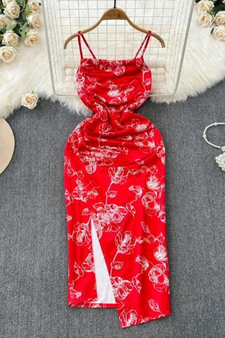 Womens Red Floral Print Summer Slip Dress Sleeveless