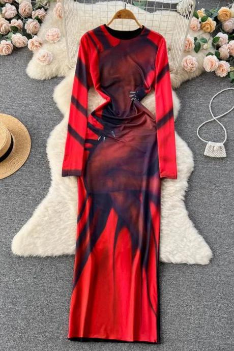 Womens Long Sleeve Striped Maxi Dress In Red