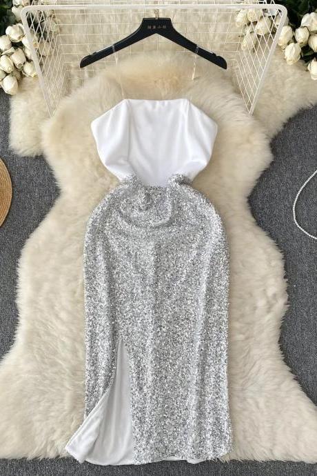 Elegant Long Sleeve Sequin Gown With High Neck