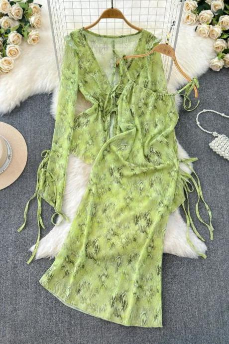 Womens Green Floral Tie-waist V-neck Chiffon Dress