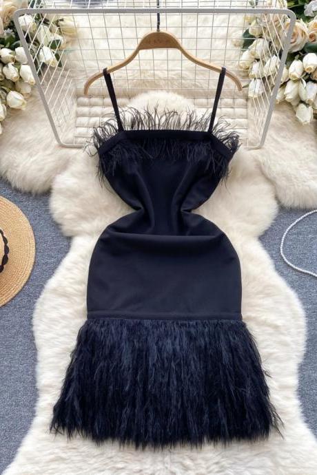 Chic Feather Trim Sleeveless Cocktail Party Dress Black