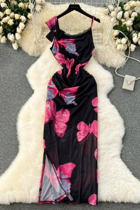 Elegant Floral Print Maxi Dress With Lace Accents