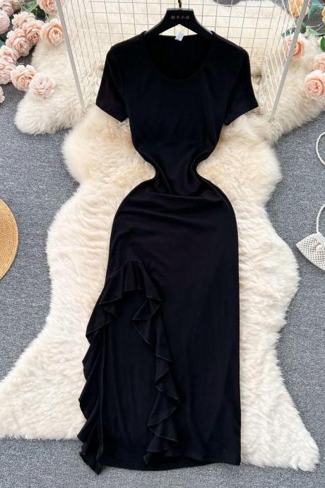 Elegant Black Ruffled Side Slit Evening Dress