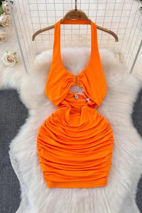 Womens Halter Neck Ruched Orange Crop Top Fashion