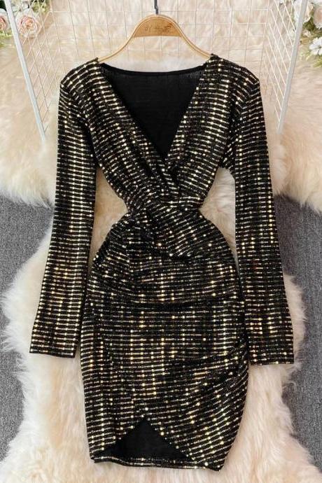 Elegant Long Sleeve Sequined Cocktail Party Dress