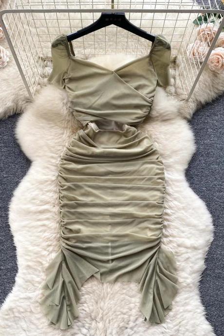 Womens Olive Green Satin Ruched Party Dress