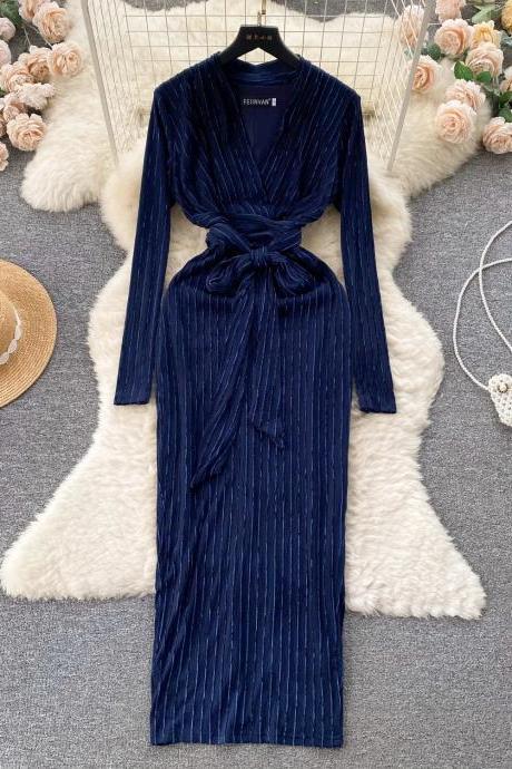 Elegant Navy Blue Velvet Pleated Midi Dress With Belt