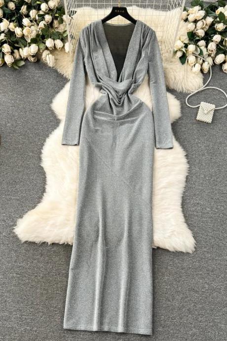Elegant Silver Long Sleeve Twisted Front Evening Gown