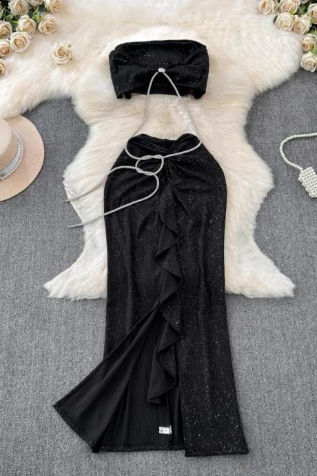 Elegant Black Glitter Evening Gown With Matching Headband