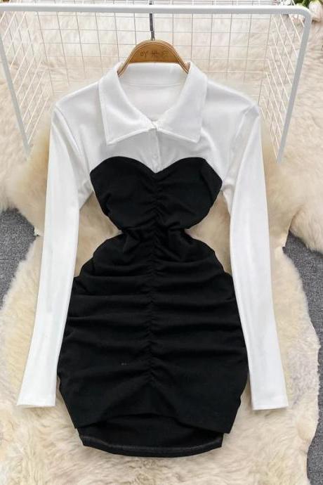 Elegant Long-sleeve White Black Contrasting Midi Dress