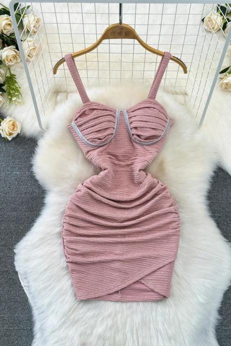 Elegant Pink Ruched Bodycon Mini Dress With Straps