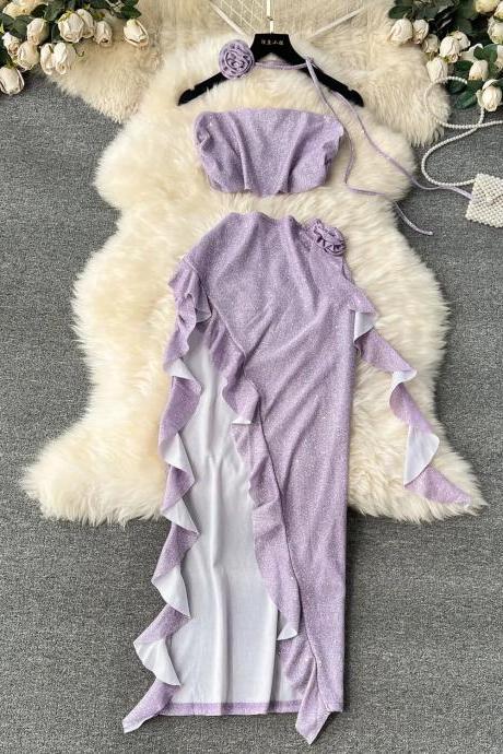 Elegant Lavender Ruffle Trim Midi Dress With Matching Top