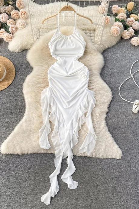 Elegant White Ruffle Halter Neck Cocktail Dress