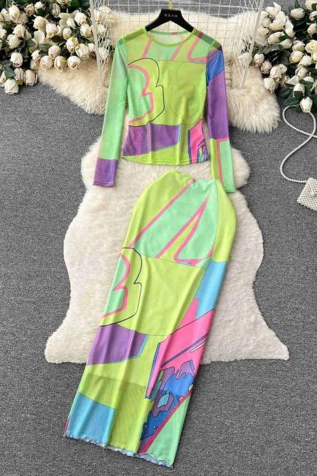 Colorful Abstract Print Long Sleeve Dress With Slit