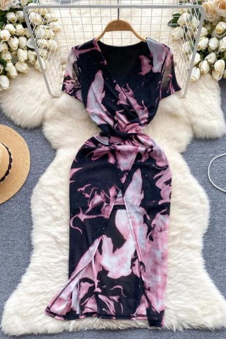 Elegant Floral Wrap V-neck Midi Dress In Pink