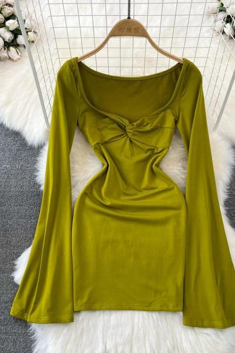 Elegant Long-sleeve Olive Green Ruched Mini Dress