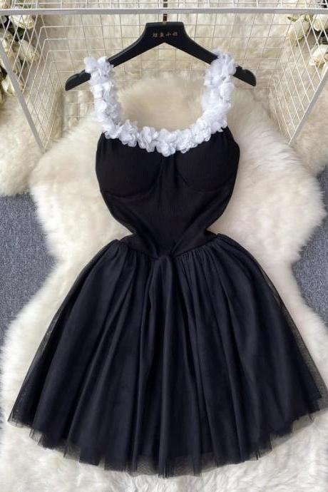 Elegant Black Cocktail Dress With White Floral Neckline