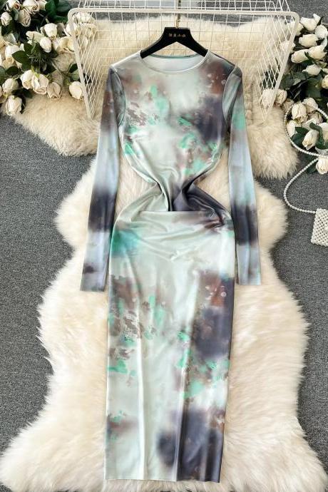 Elegant Long Sleeve Abstract Print Maxi Dress