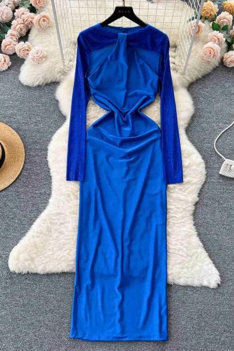 Elegant Royal Blue Velvet Evening Gown With Cutouts