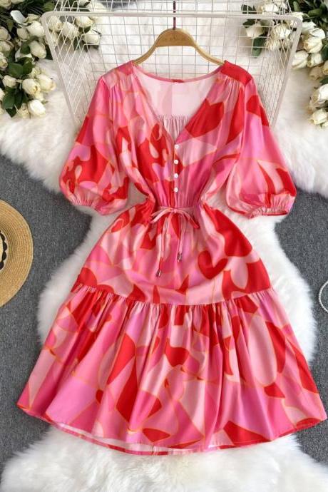 Womens Pink Abstract Print Summer Chiffon Mini Dress