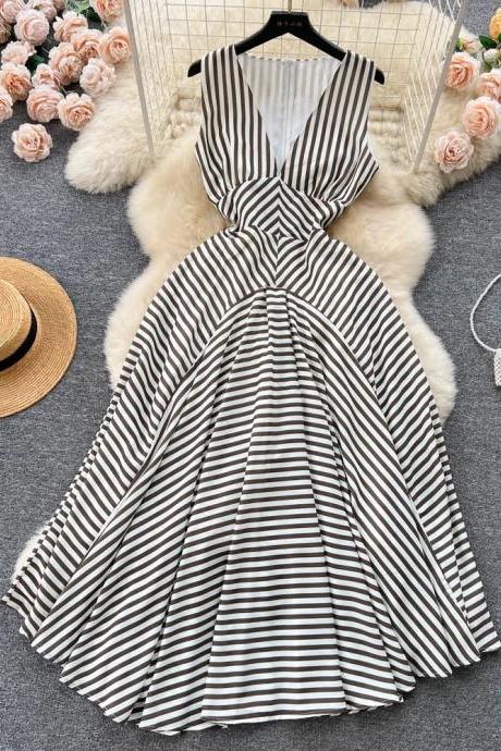 Elegant Sleeveless Striped Midi Summer Dress Womens