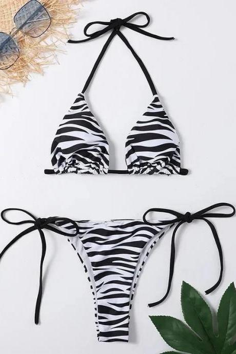 Womens Zebra Print Bikini Set With Tie Closures