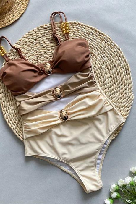 Elegant Two-tone High-waisted Bikini With Gold Accents