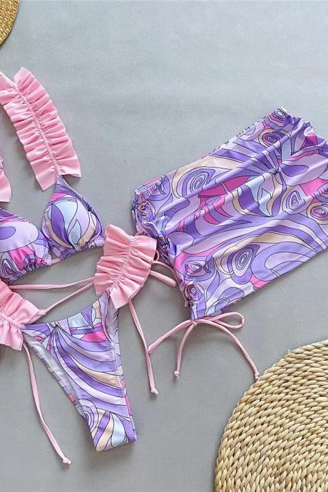 Womens Pink Ruffle Bandeau Bikini Swimwear Set