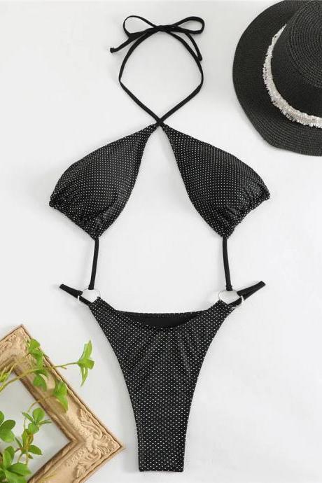 Womens Black Rhinestone Triangle Bikini Set With Hat