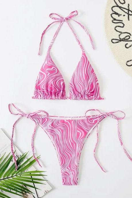 Womens Pink Zebra Print Tie-up Bikini Swimsuit Set