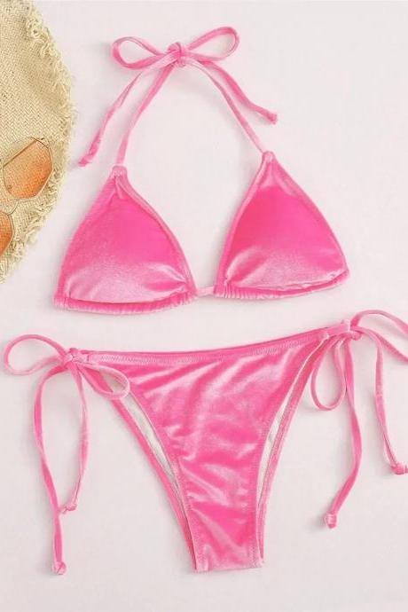 Womens Pink Satin Tie-up Bikini Swimwear Set